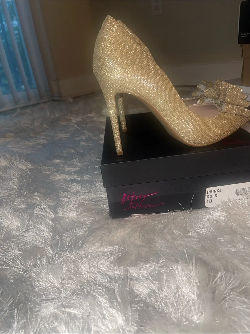 Brand new***Betsey Johnson Gold Glitter Peep-Toe Stilettos